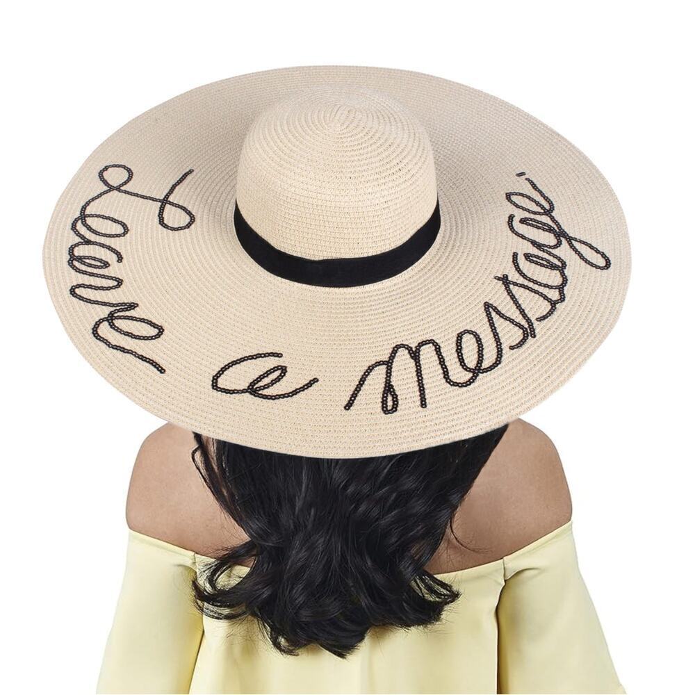 NWT A&O Women's  LEAVE A MESSAGE Sequin Lettering Wide Brim Straw Floppy Sun Hat - Picture 4 of 6